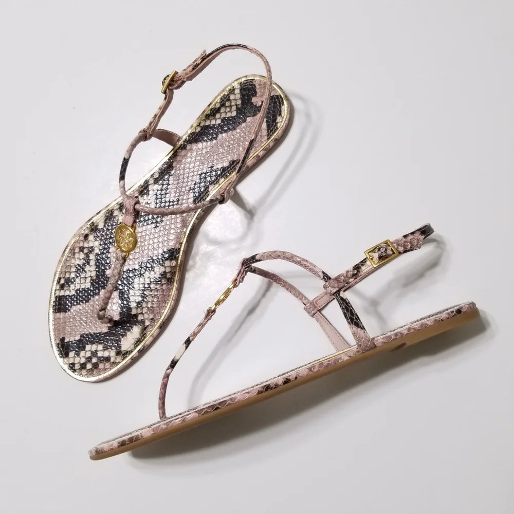 NIB Tory Burch Emmy Snake Printed‎ Leather T-Strap Flat Sandal in Misty Rose